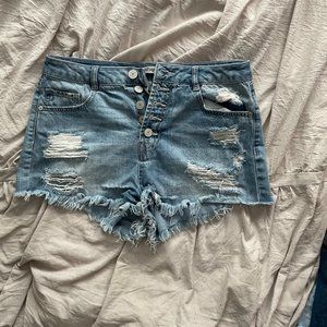 Medium Wash Denim Distressed High Waisted Shorts | Charlotte Russe